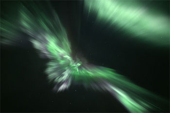Northern Lights in the shape of a magnificent green and blue bird