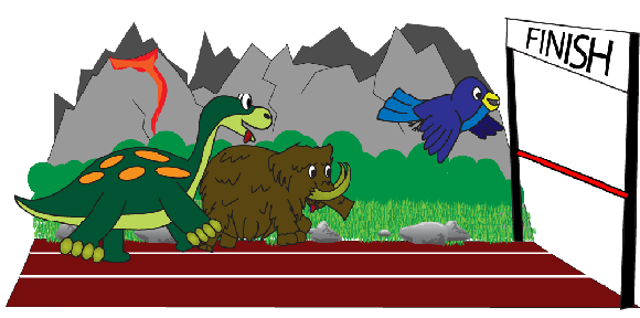 Dinosaur, Mammoth and Bird racing for evolution finishing line